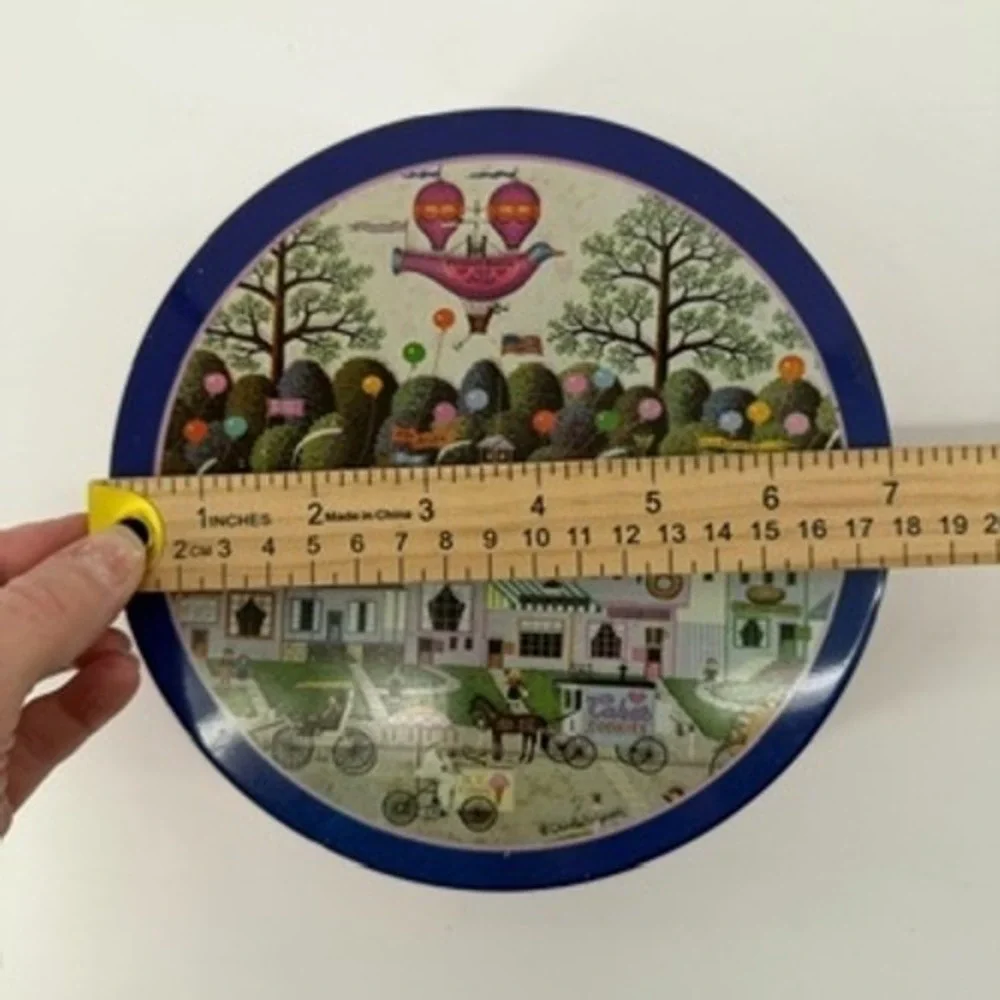 Vintage 1991 Charles Wysocki Confection Street Round Tin Pink Blue Folk Art 7in